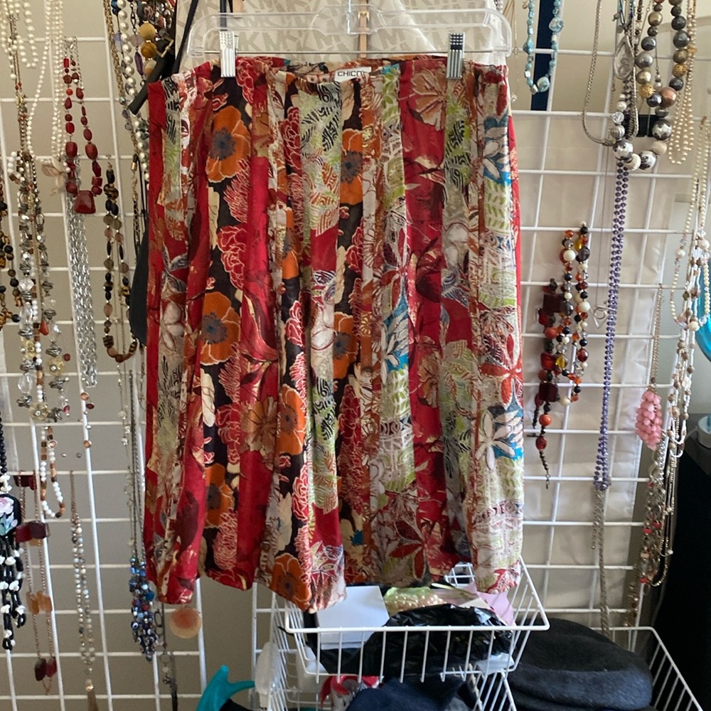 Chico’s 2 boho skirt. Rayon side zip side elastic waist lined. Beautiful colors.